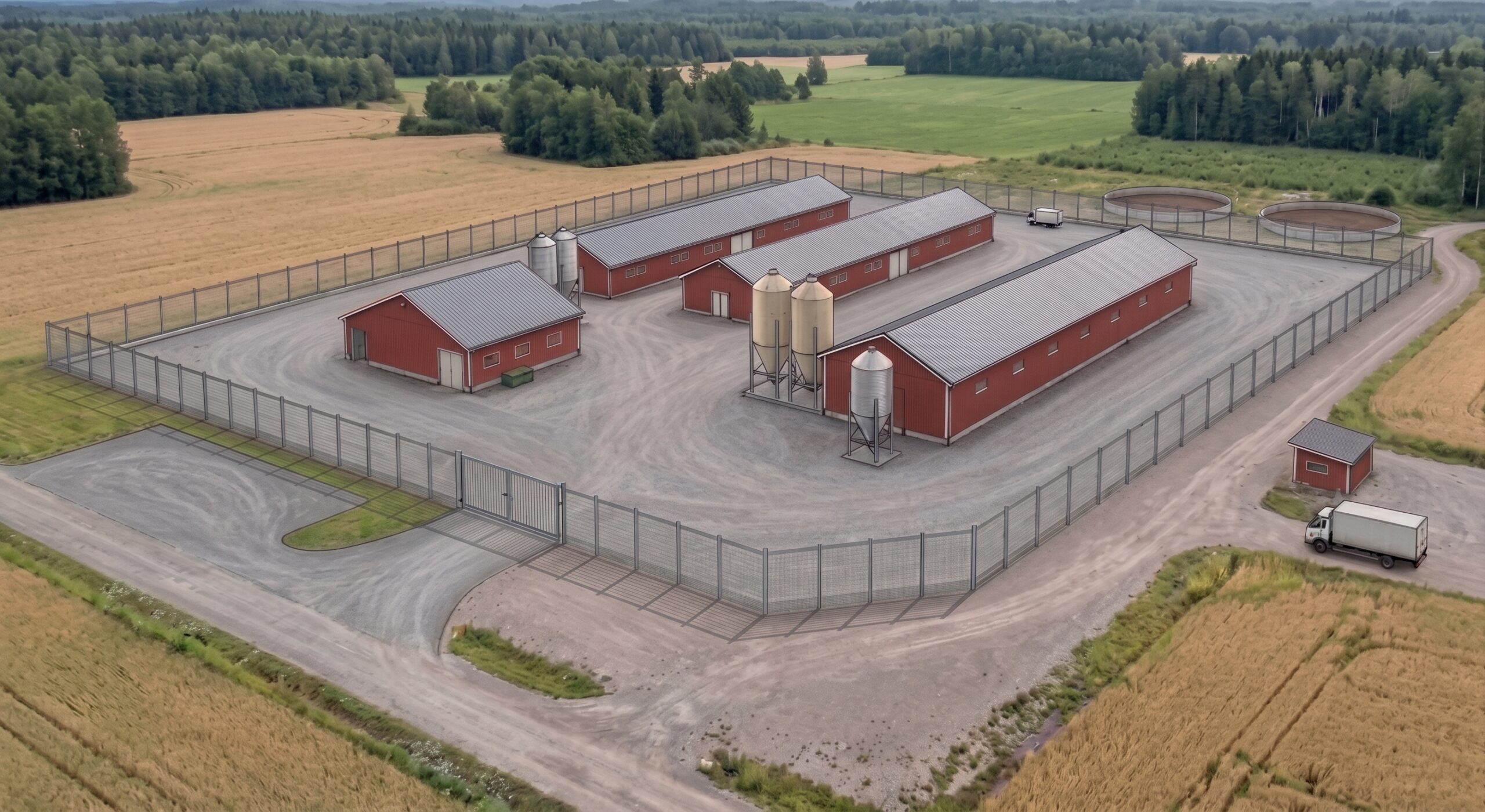 Example image of a pig farm fenced with Anfra-Aita products to prevent African swine fever.